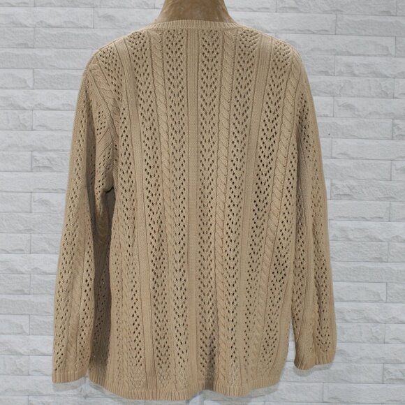 EDDIE BAUER Cardigan Sweater Knit Cable Knit Open Weave Neutral Tan Cotton Large - Picture 4 of 10
